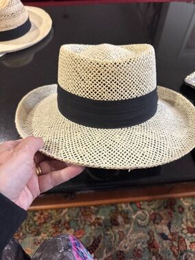 Ultrafino Straw Panama Hat with Black Trim Large 7 3/8 NWOB